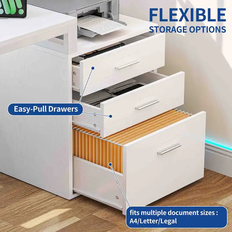 Bureau d'angle en L de 65 po avec DEL RVB, support pour moniteur et armoire de rangement – 1 personne | Blanc / Chêne / Gris anthracite / Noir