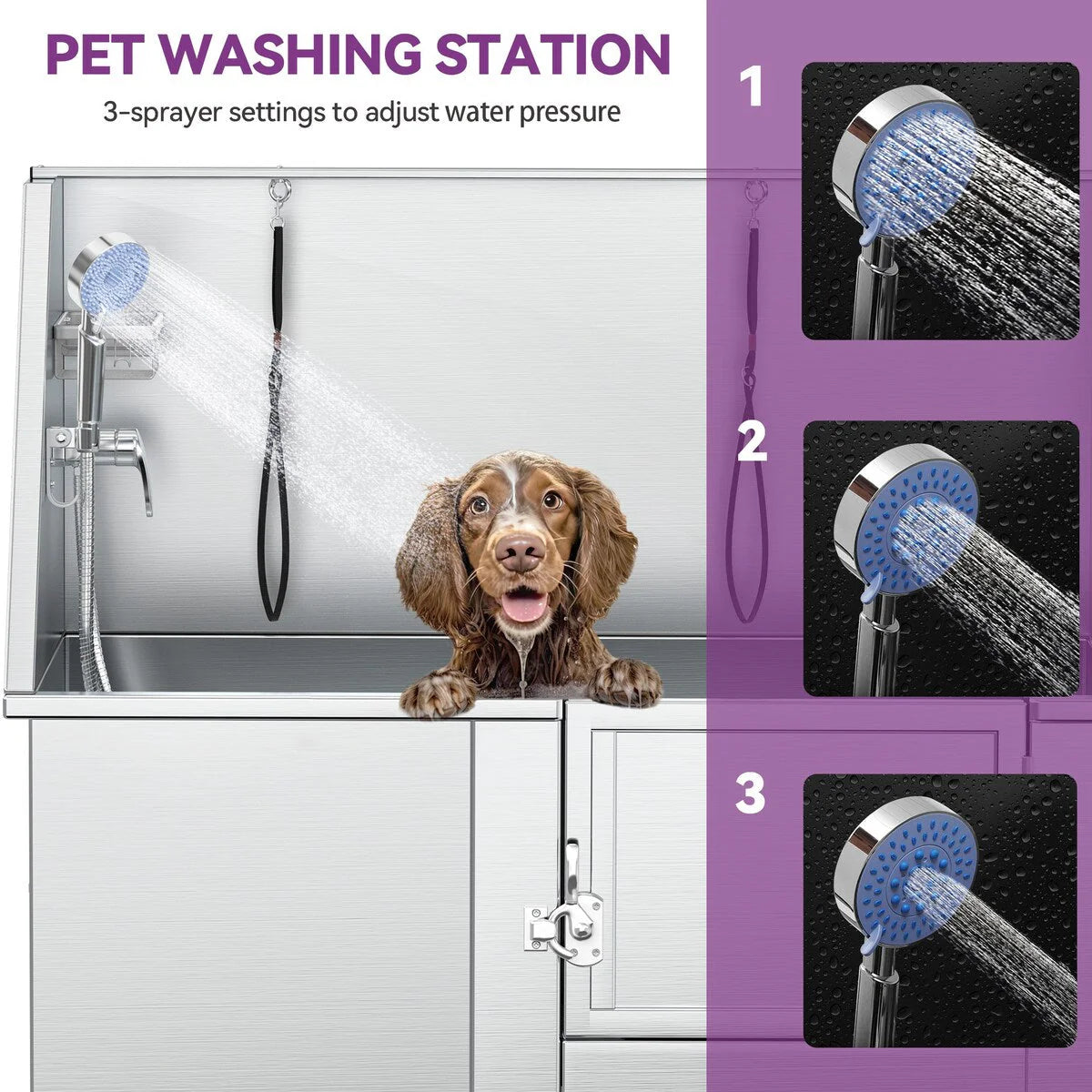 Baignoire de toilettage pour animaux de compagnie réglable, 50 W, en acier inoxydable, avec rampe à marches