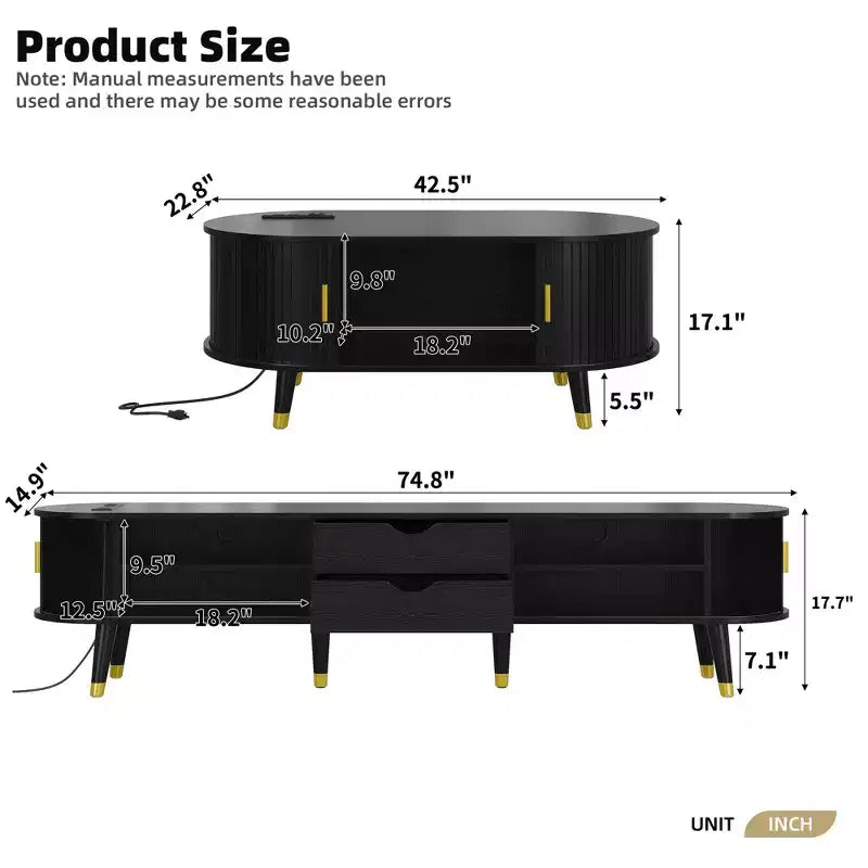 CLIHOME Wooden Farmhouse TV Stand & Coffee Table Set with Charging Station, Oval Fluted Media Console for TVs up to 80