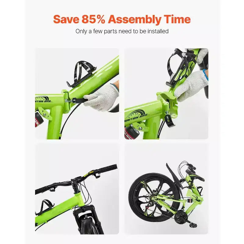 26 Folding Mountain Bike with Full Suspension, 21-Speed Drivetrain, Disc Brakes & High Carbon Steel Frame for Adult Men & Women