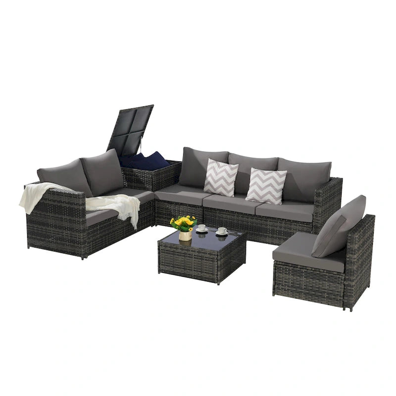 6-Piece Wicker Sectional Sofa Set with Corner & Glass Table