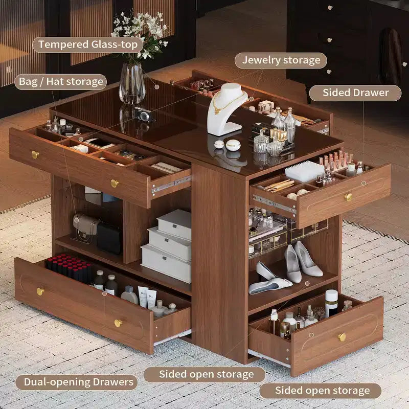Closet Island with 6 Drawers, Glass Display Top & Open Shelves