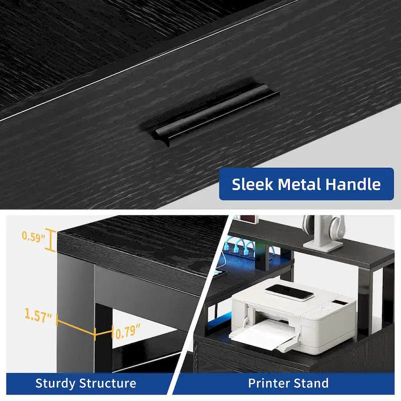 Bureau d'angle en L de 65 po avec DEL RVB, support pour moniteur et armoire de rangement – 1 personne | Blanc / Chêne / Gris anthracite / Noir