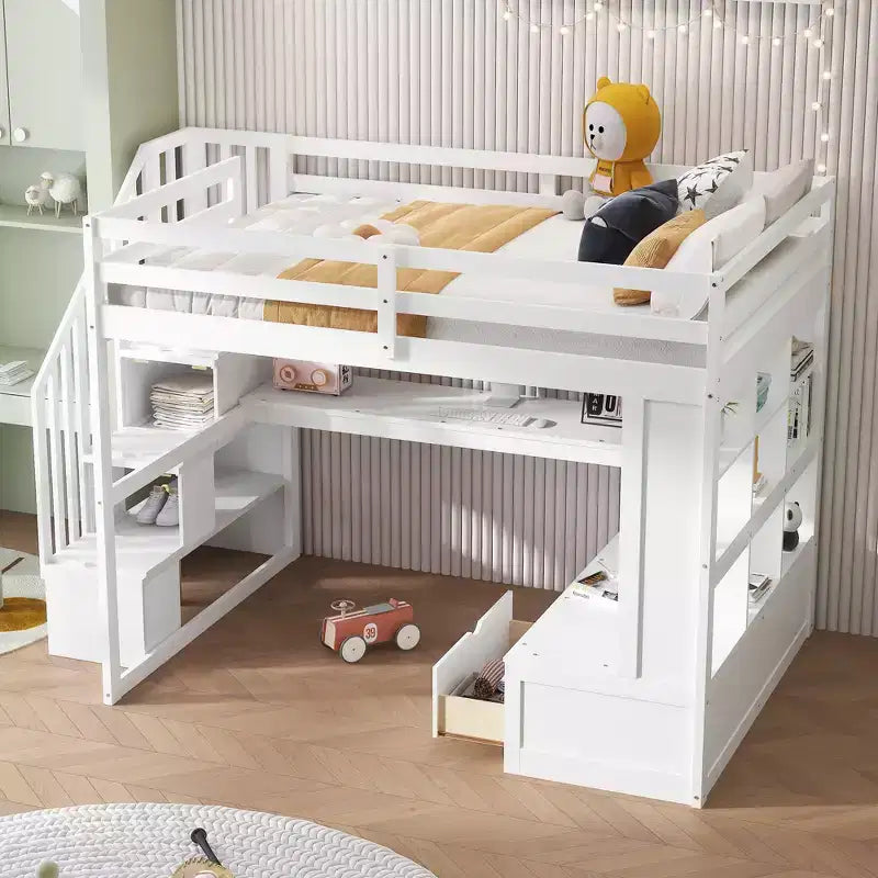 Full Size Loft Bed with Stairs and Desk, Wood Loft Beds Frame with Storage Drawers and Bookcase Shelves for Adults Teens Kids