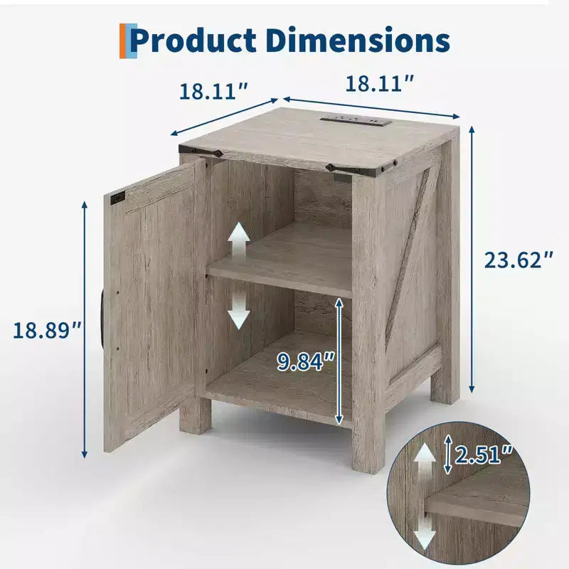 Lot de 2 tables de chevet de ferme avec station de recharge, table de nuit rustique avec porte de grange et étagère réglable, petite table d'appoint pour chambre et salon.
