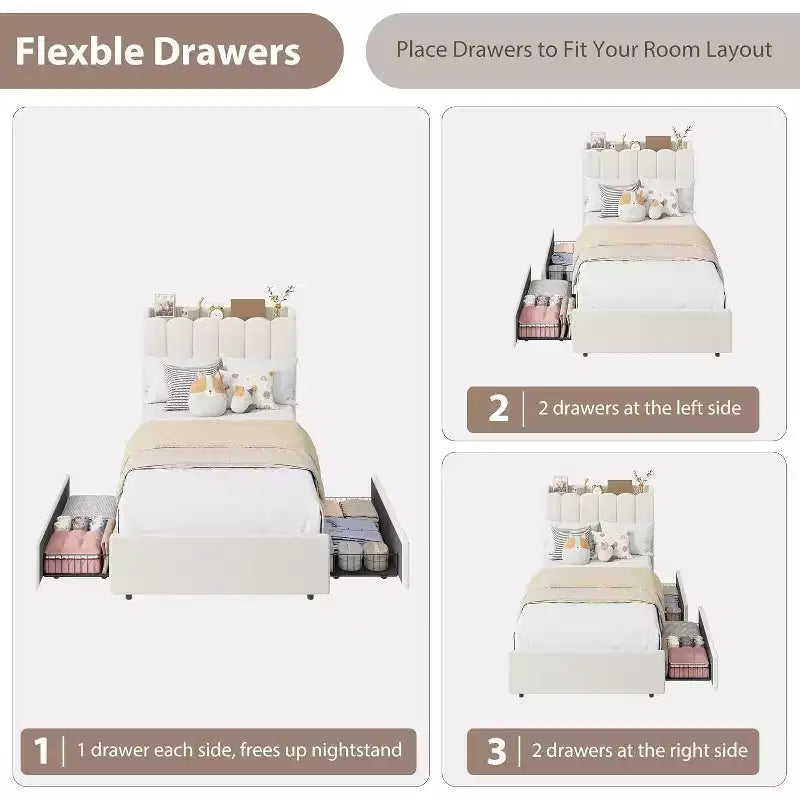 Bed frame with storage headboard, childrens bed frame with 2 drawers, fabric upholstered platform bed, contoured headboard with bookshelf