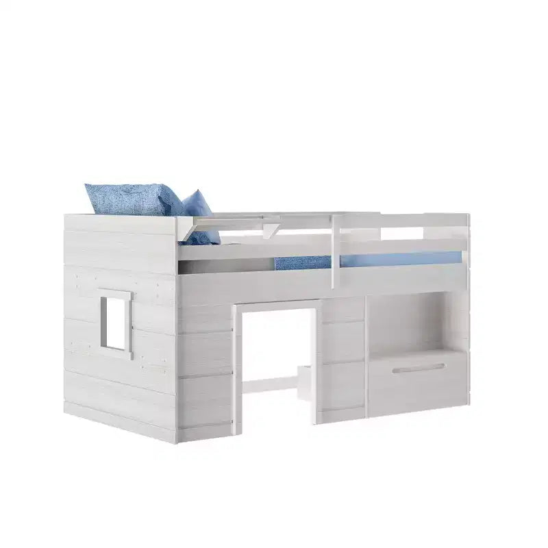 Max & Lily Modern Farmhouse Low Loft Bed with Storage Drawer, Solid Wood Bed for Kids