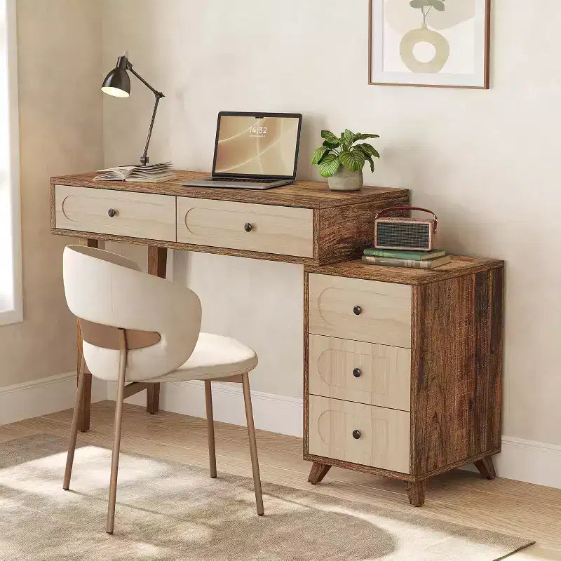 Lantine 39-Inch Writing Desk with 5 Drawers & Retractable Cabinet, Small Expandable Computer and Vanity Table for Small Spaces, Brown