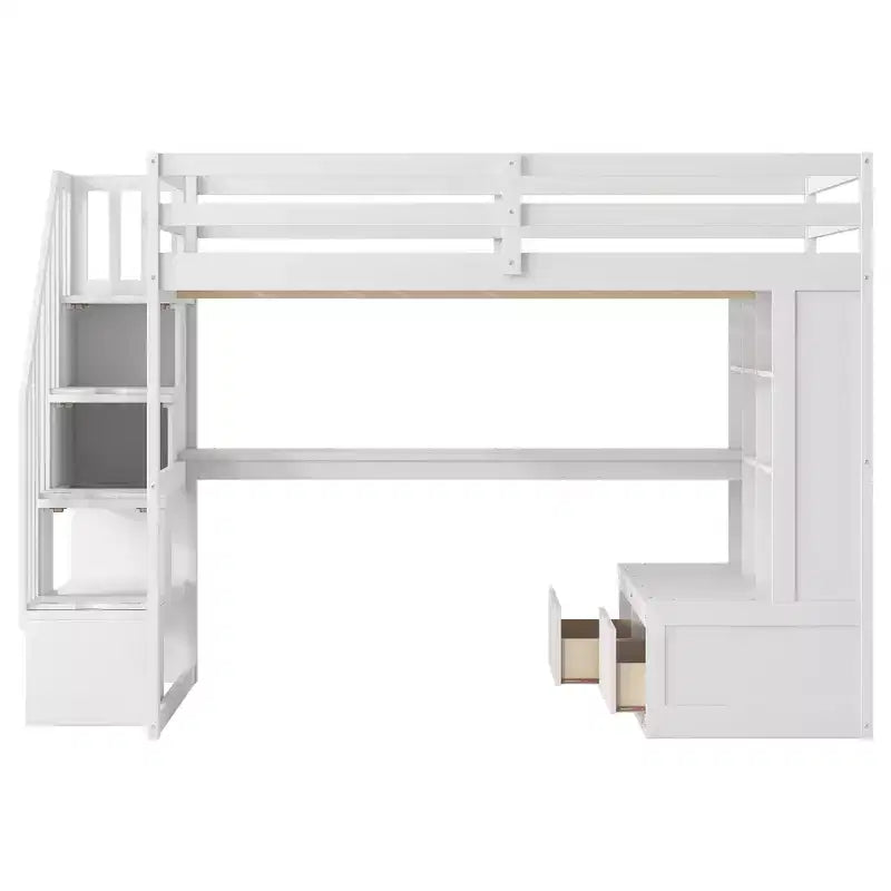 Full Size Loft Bed with Stairs and Desk, Wood Loft Beds Frame with Storage Drawers and Bookcase Shelves for Adults Teens Kids