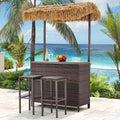 EROMMY Outdoor Tiki Bar Set, Wicker Patio Bar w/2 Stools, Storage Shelf for Backyard Poolside Garden