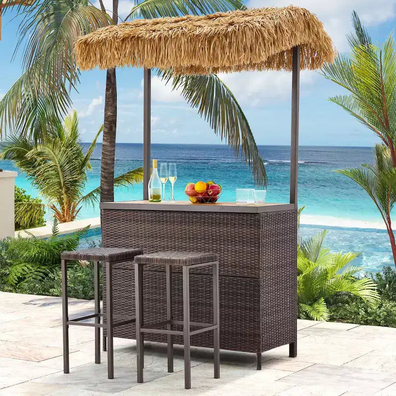 EROMMY Outdoor Tiki Bar Set, Wicker Patio Bar w/2 Stools, Storage Shelf for Backyard Poolside Garden