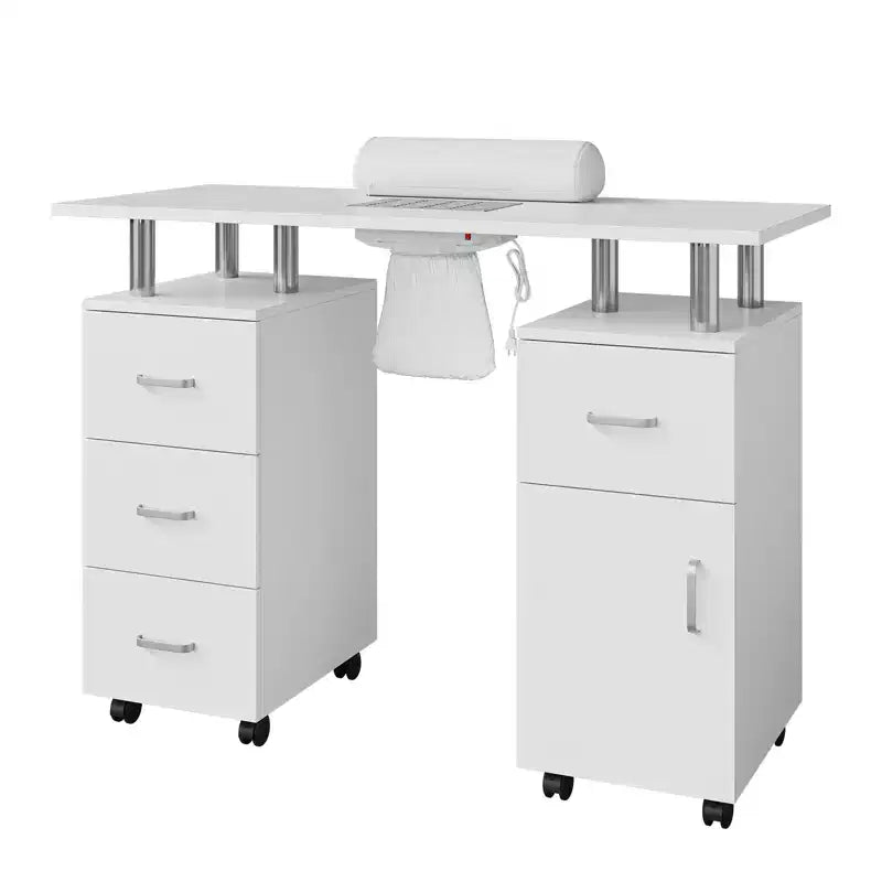 Table de manucure avec collecteur de poussière, roulettes verrouillables, repose-poignet et rangement pour la maison, les prothésistes ongulaires et les salons de beauté
