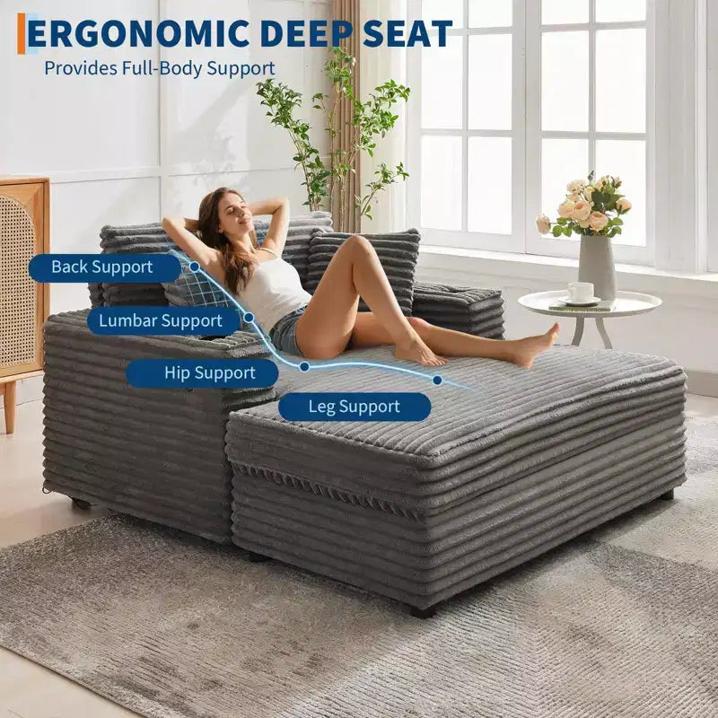 Corduroy 3-Seat Lounge Sofa with Cup Holders & Charging Ports