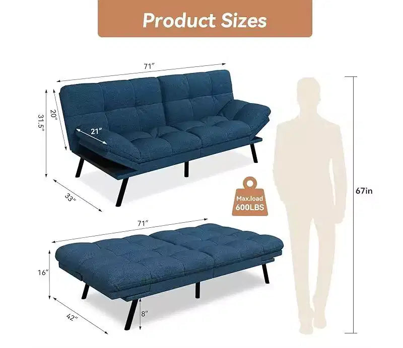 Convertible Futon Sofa Bed with Adjustable Backrest & Removable Armrests