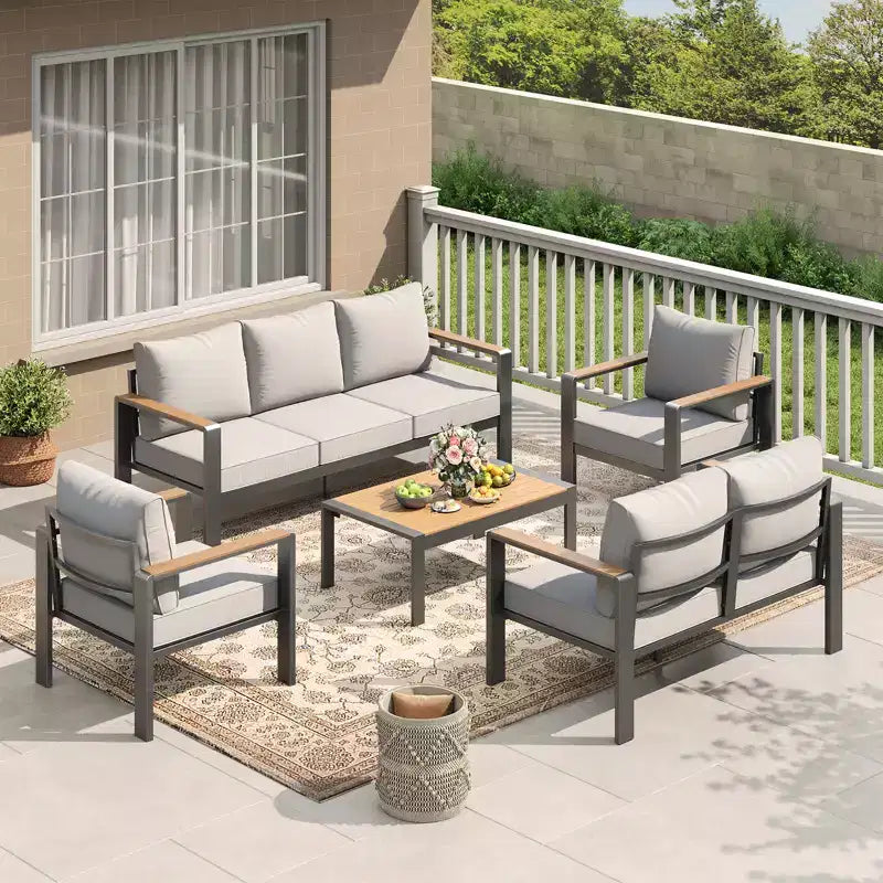 Aluminum Patio Furniture Set, Outdoor Sectional Sofa with 5 Thick Cushions, 4 Armrests & Coffee Table for Garden, Deck, Backyard