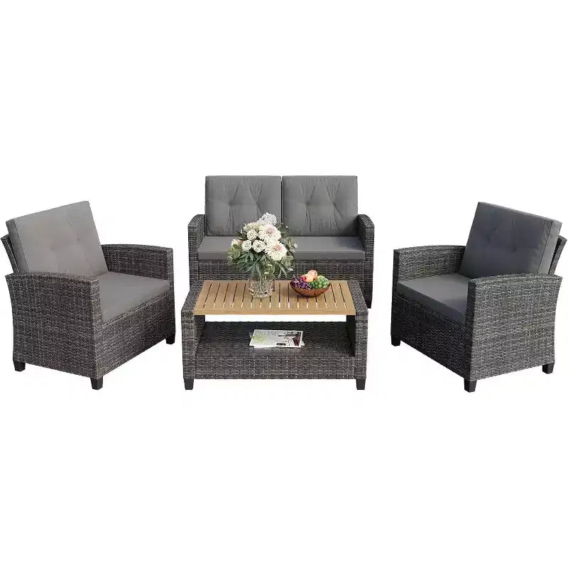 Heynemo 4-Piece Patio Furniture Set, All Weather Wicker Patio Conversation Seating Sets with 2-Tier Coffee Table, Outdoor Sofa Couch