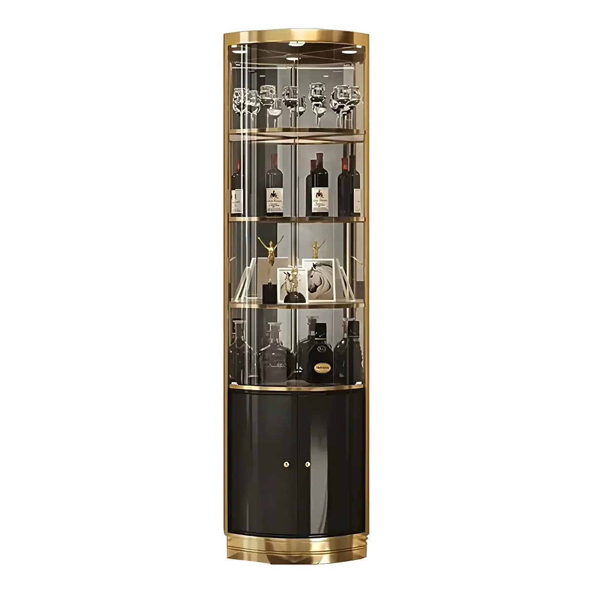 Glam Glossy Glass Gold Metal Rounded Display Corner Cabinet