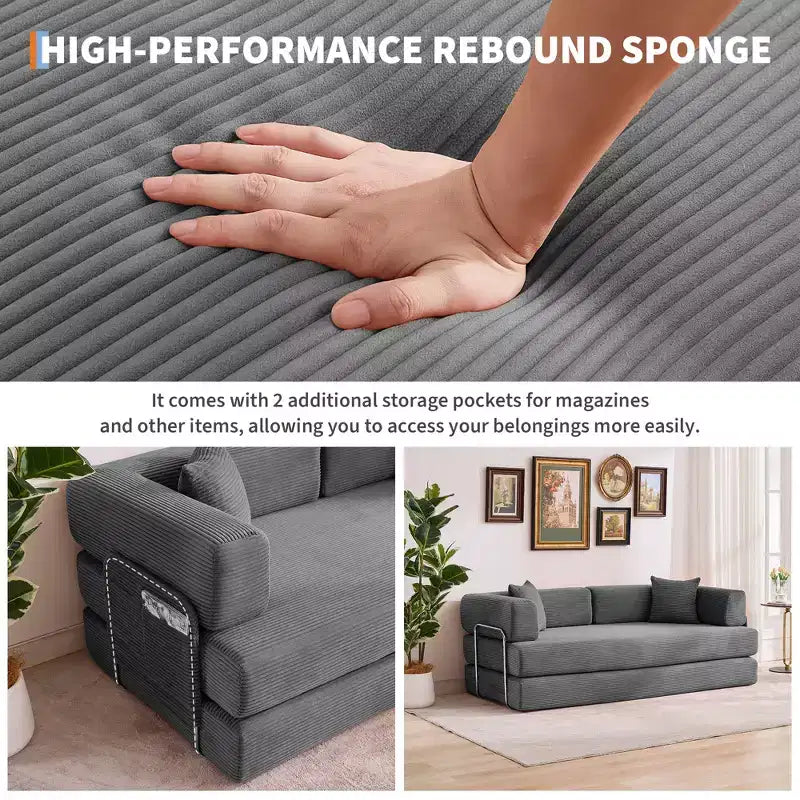 Modern 79 Corduroy Futon Sofa Bed for Small Spaces, 5-in-1 Convertible Sleeper Couch with Removable Armrests & Pillows