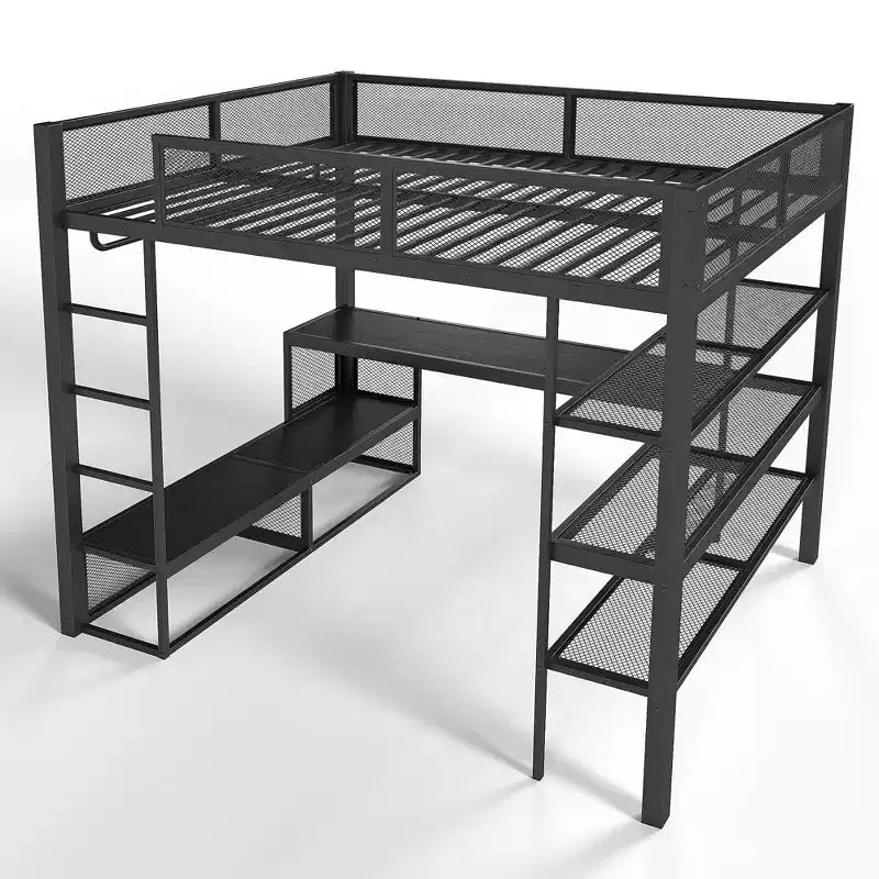 Bellemave Queen Metal Loft Bed with Desk, Storage Shelves & Hanging Rod, Space-Saving Loft Bed Frame with Guardrails & Ladder, No Box Spring, Black