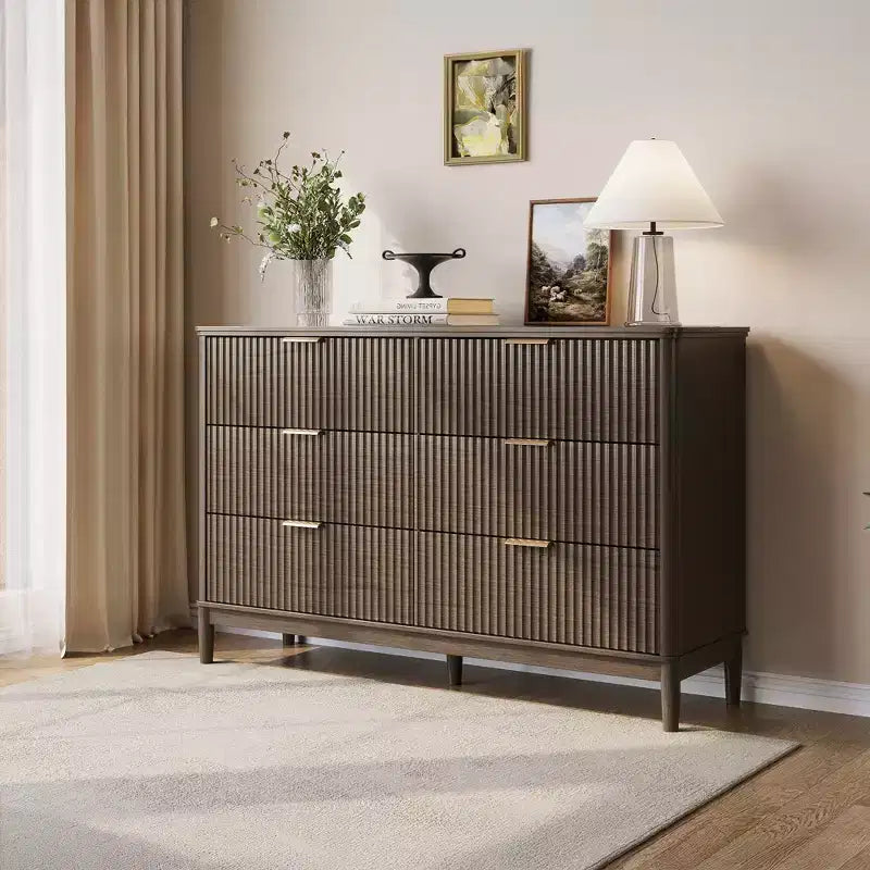 LINSY HOME Fluted 6 Drawer Dresser for Bedroom, Mid Century Modern Large Chest of Drawers with Gold Metal Handles, Wide Boho Wood Dressers