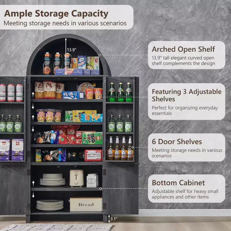 71 Tall Arched Kitchen Pantry, Modern Storage Cabinet with 3 Adjustable Shelves, 6 Door Shelves, for Kitchen, Living Room