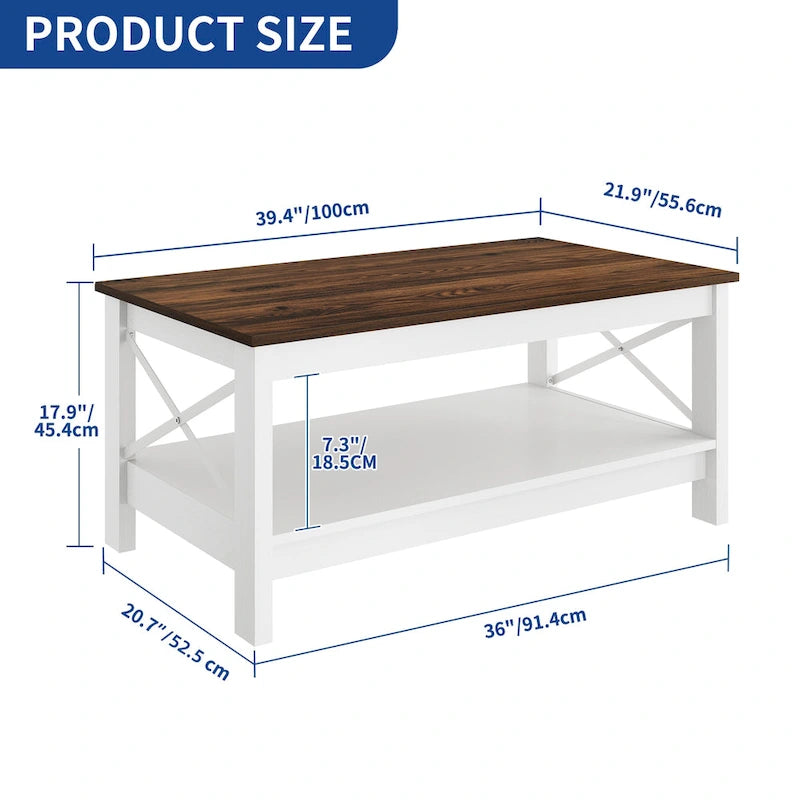 Farmhouse Wood Accent Coffee Table with Large Storage Shelf