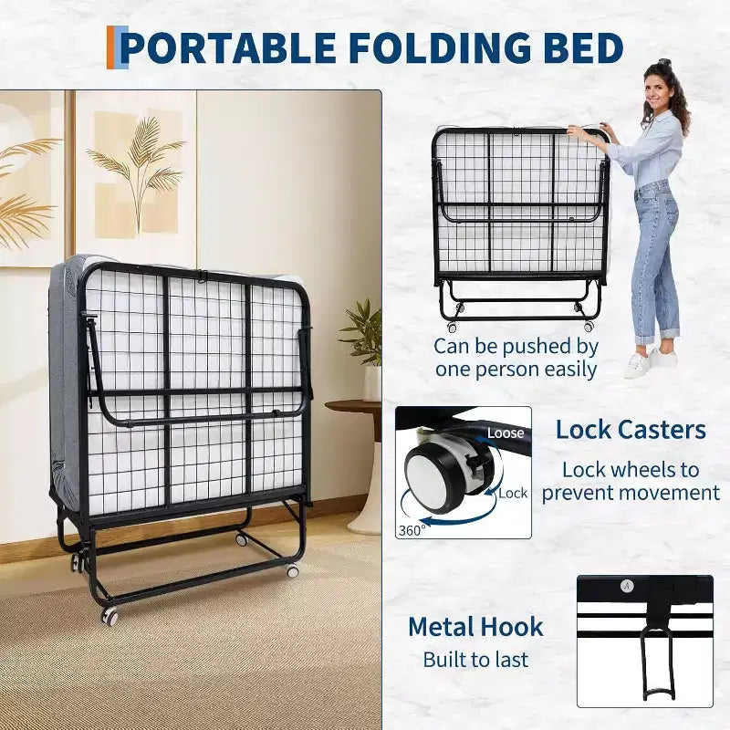 Lit pliant avec matelas pour adultes, lits d'appoint portables, lit pliant avec cadre en métal, matelas en mousse à mémoire de forme 5 et poche de rangement latérale