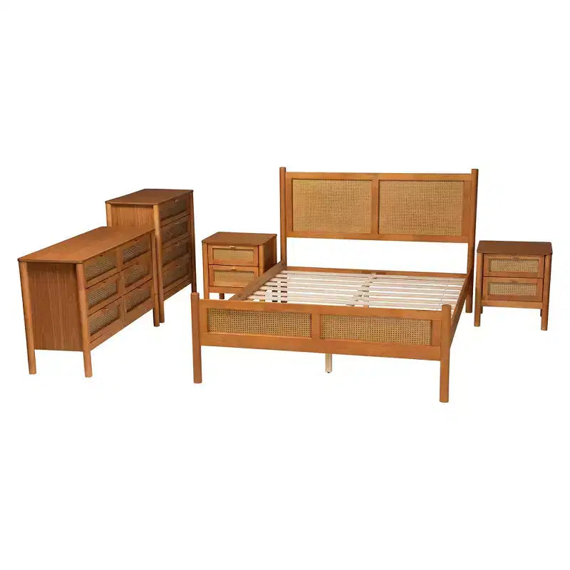 Baxton Studio Jenn Golden Brown Wood Japandi 5-Piece Queen Size Bedroom Set with Distressed-Finished Rattan