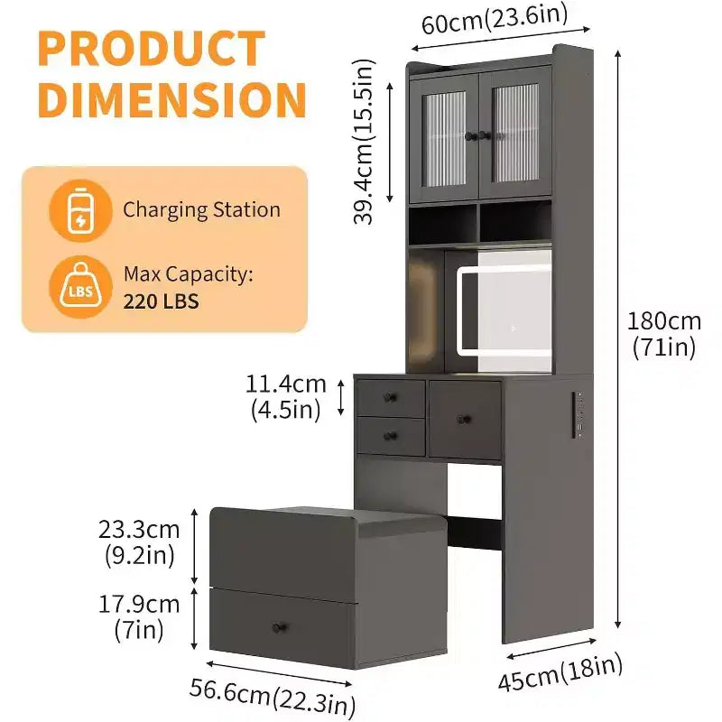 3-in-1 Makeup Vanity Desk with Lighted Mirror, Compact Vanity Table with Drawers, Storage Compartment & Rolling Stool for Bedroom