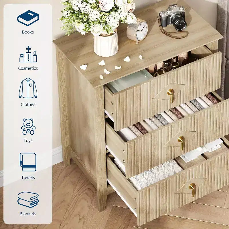 2Pcs Fluted Wood Nightstands, 27.5 Wide 3-Drawer Dresser Set, Modern Bedside Tables, Chest of Drawers for Bedroom, Living Room