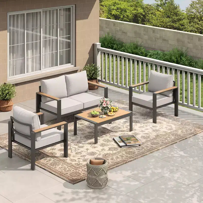 Aluminum Patio Furniture Set, Outdoor Sectional Sofa with 5 Thick Cushions, 4 Armrests & Coffee Table for Garden, Deck, Backyard