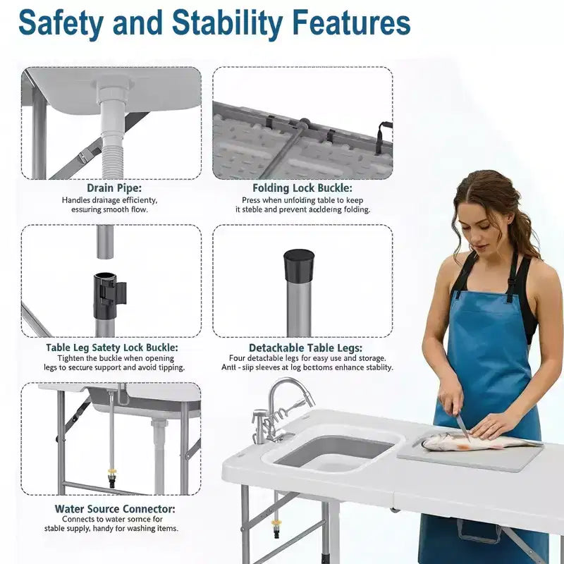 Folding Fish Cleaning Table with Foldable Sink, Portable Camping Table & Fish Cleaning Station, Camping Sink with Faucet Drainage Hose & Sprayer