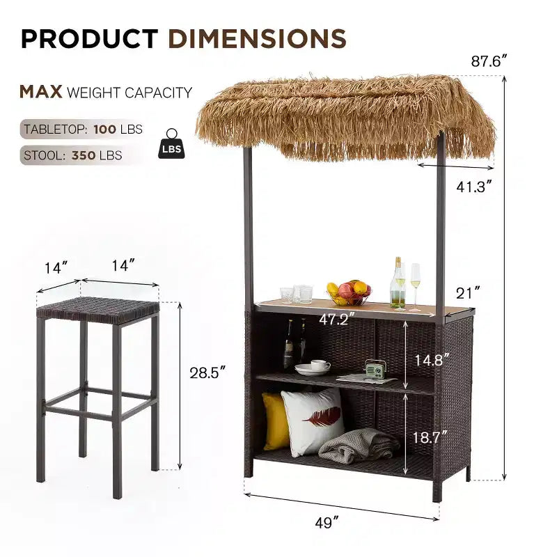 EROMMY Outdoor Tiki Bar Set, Wicker Patio Bar w/2 Stools, Storage Shelf for Backyard Poolside Garden