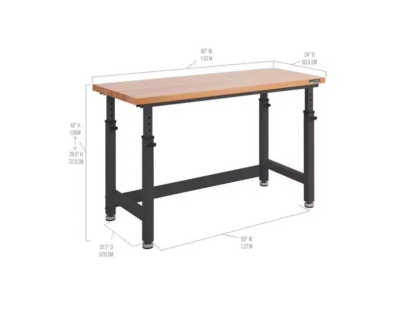Heavy Duty 60 Adjustable Height Workbench Table with Wood Top