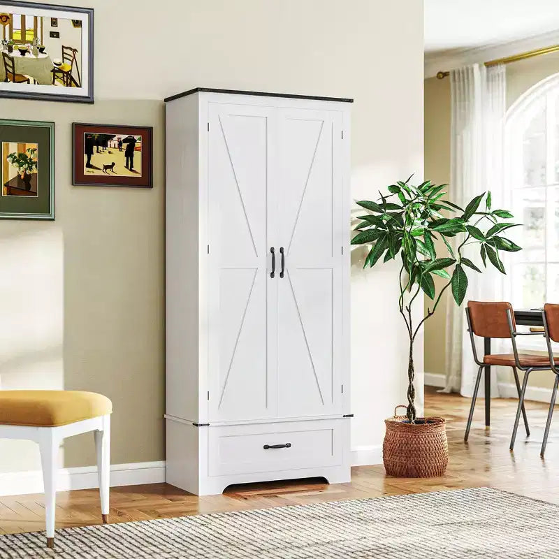 HOMCOM 72 Farmhouse Pantry Cabinet with Barn Doors, Tall Kitchen Pantry Storage Cabinet with Adjustable Shelves and Drawer