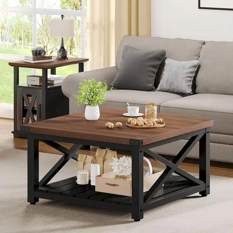Moasis Farmhouse Square Lift Top Coffee Table with Storage Shelf for Living Room
