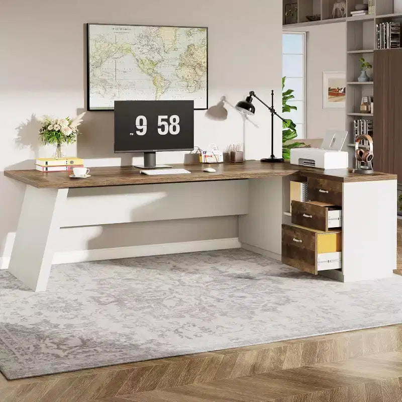 Lantine Modern 78 L-Shaped Executive Desk with Drawers and Lateral File Cabinet