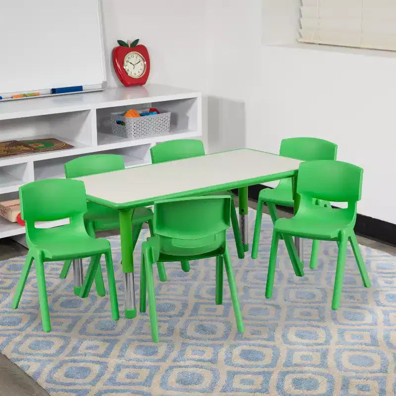 Emma and Oliver 23.625W x 47.25L Rectangular Plastic Height Adjustable Activity Table Set with 6 Chairs