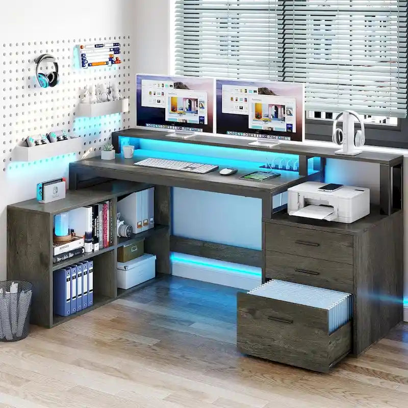 Bureau d'angle en L de 65 po avec DEL RVB, support pour moniteur et armoire de rangement – 1 personne | Blanc / Chêne / Gris anthracite / Noir