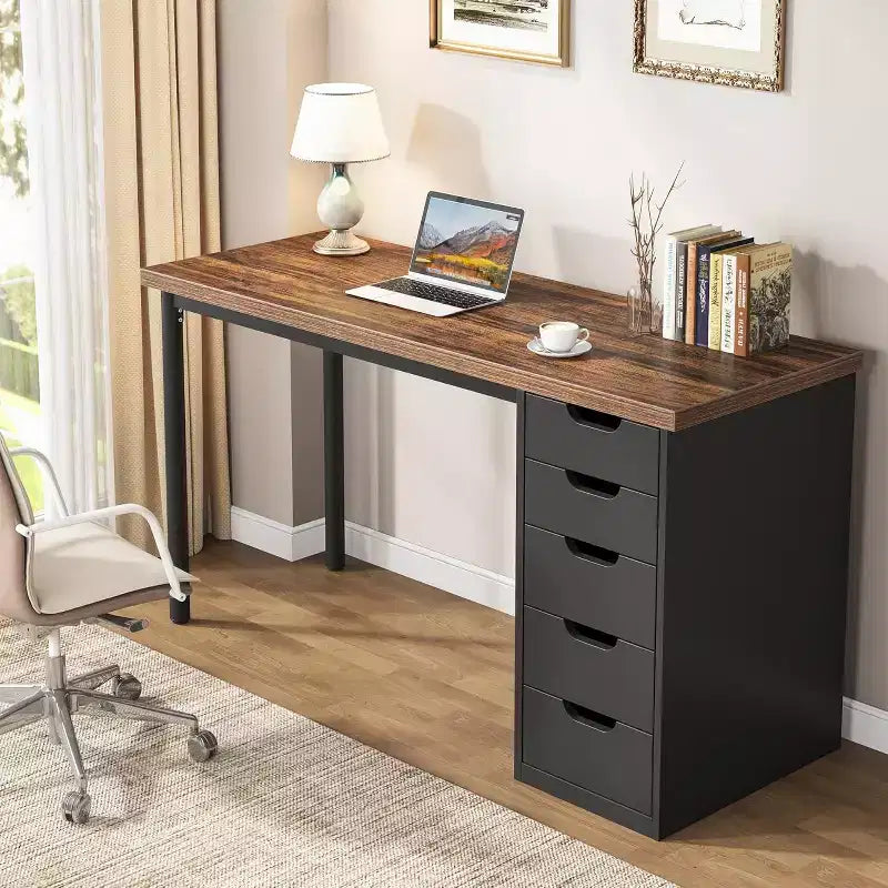 Lantine Computer Desk with 5 Drawers, 47 inches Modern Simple Home Office Desk Study Writing Table for Small Spaces