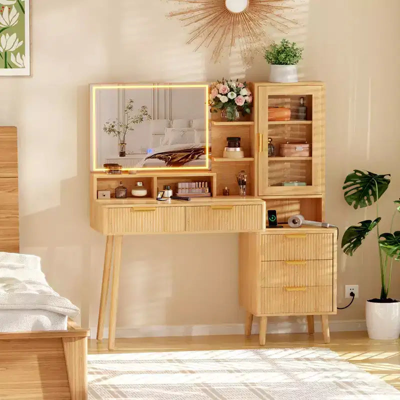 Makeup Vanity Desk with Power Outlet, Big Modern Fluted Vanity Desk with 23.6 Hd Lighted Mirror, 5 Drawers and Storage ShelfDressing Table