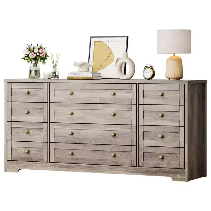 12 Drawers Dresser for Bedroom Wooden, Modern Wide TV Stand Dressers for 65 Inch TV, Wood Chest of Drawers, Farmhouse Clothes Storage for Living Room