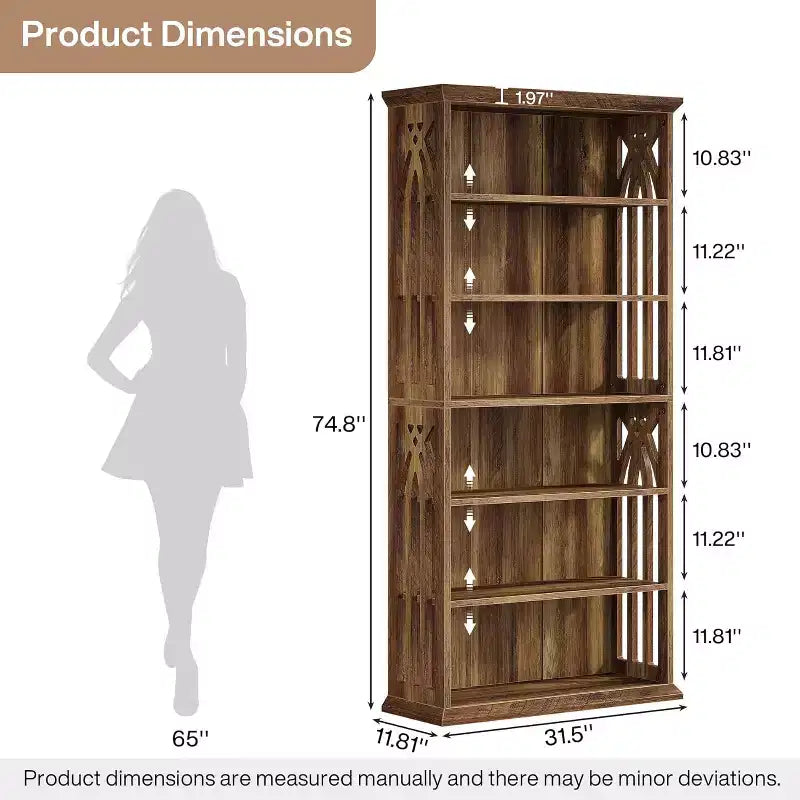 6-Tier Wood Bookshelf, 75-Inch Tall Bookcase, Large Freestanding Display Shelves