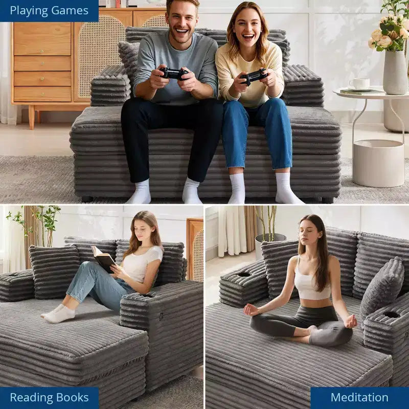 Corduroy 3-Seat Lounge Sofa with Cup Holders & Charging Ports