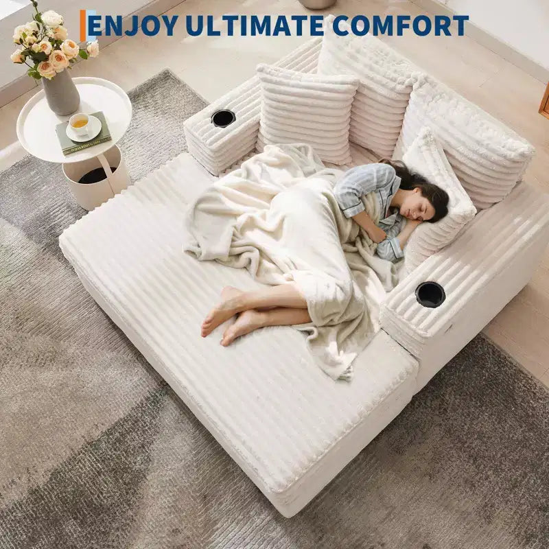 Corduroy 3-Seat Lounge Sofa with Cup Holders & Charging Ports