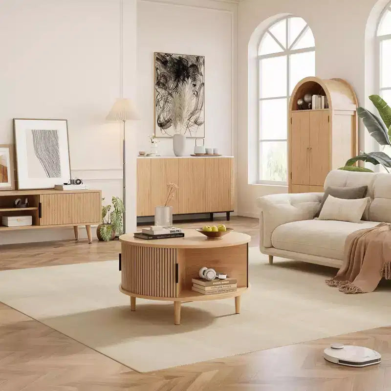 Table Basse Ronde avec Rangement NAYSAYE, Table Centrale Cannelée de 80 cm pour Salon, Table d'Appoint Circulaire Moderne en Noyer pour Petit Espace