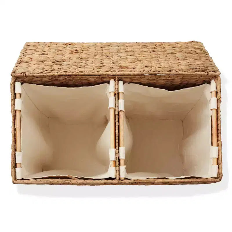 Casafield 2-Section Laundry Hamper with Lid and Removable Liner Bags, Woven Water Hyacinth Laundry Basket Sorter for Clothes