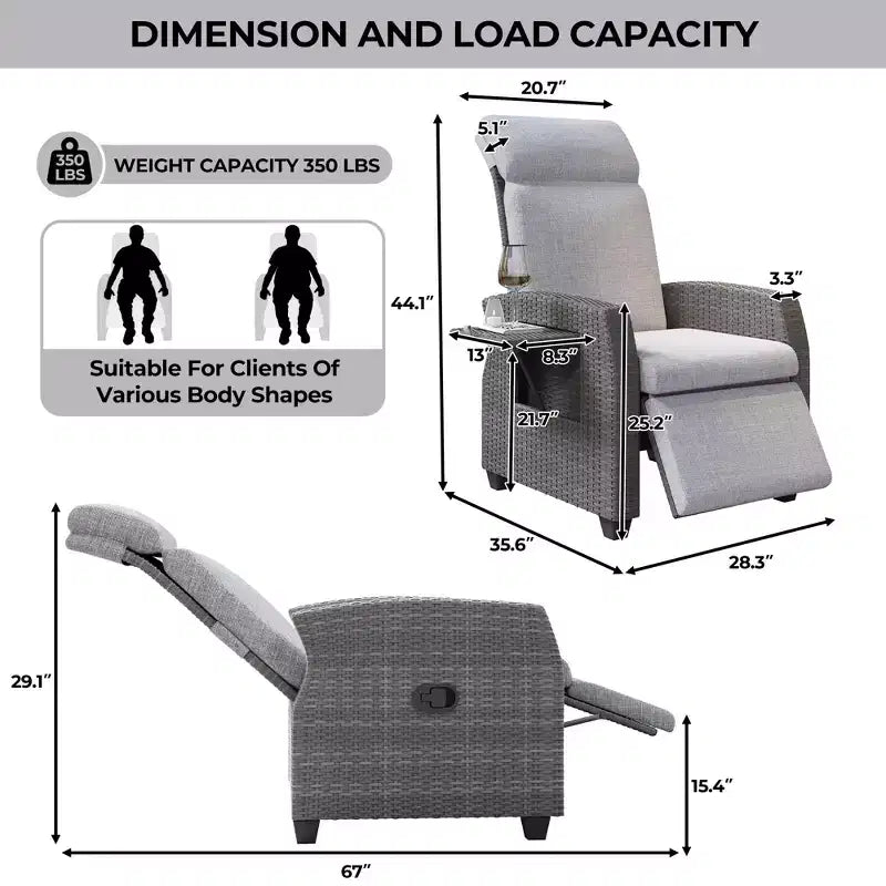 Indoor Outdoor Wicker Recliner Chair with Flip-Up Table Air Pump 155 Lay Flat, Adjustable Wicker Lounge Recliner Chair with Backrest and Footrest