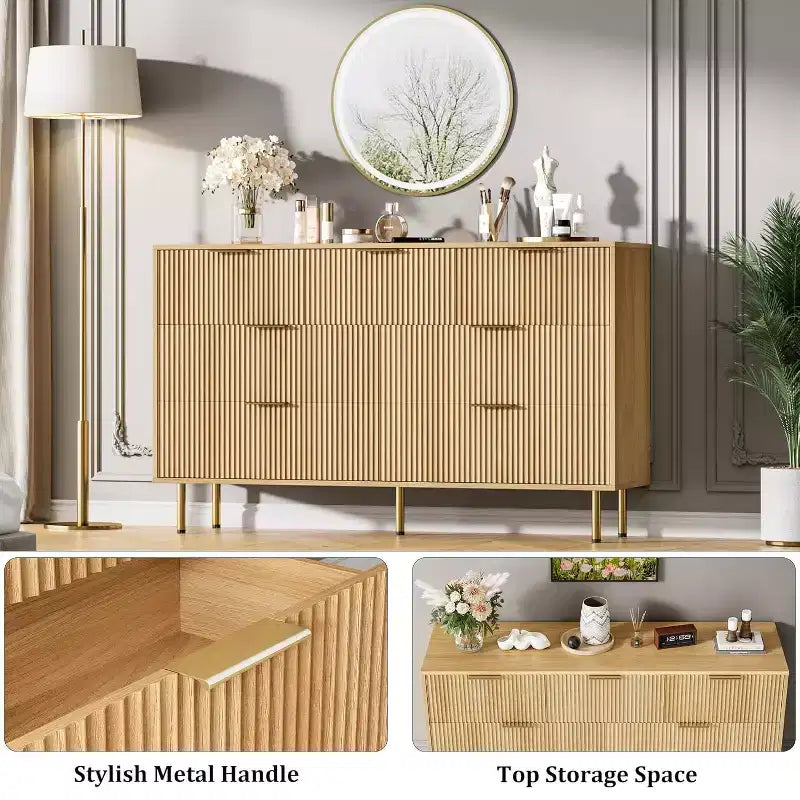 7-Drawer Fluted Dresser, Modern Wood Storage Cabinet, Bedroom Furniture for Living Room Hallway