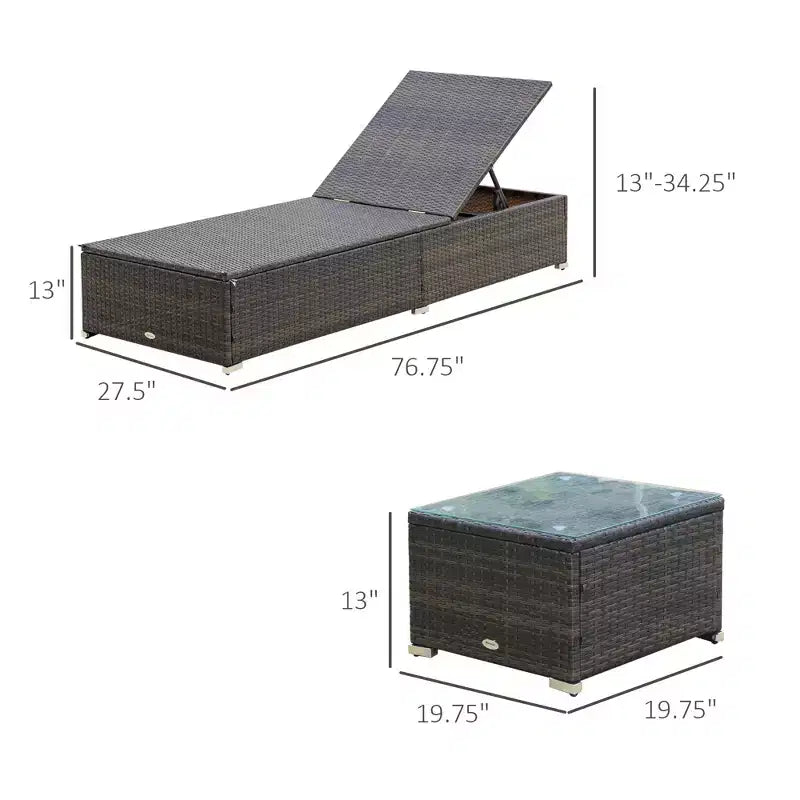 Chaise Lounge Chair Set of 2 with 5 Angle Backrest, Outdoor Coffee Table, Water Repellent Cushions, PE Rattan Wicker Poolside Chairs